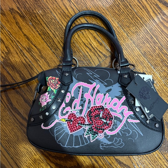 Ed Hardy Handbags - Ed Hardy Black Satchel with Pink and Red Accents